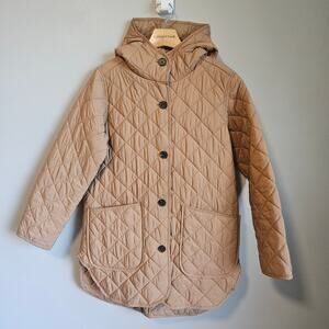 Old Navy Coat Womens Small Tan Quilted Hooded Jacket Button Front Pockets Casual